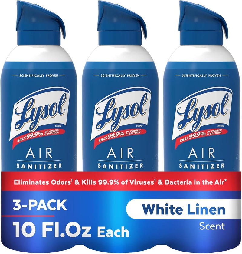 Lysol رذاذ مطهر الهواء مع مزيل الروائح للمنزل والمكتب، رذاذ تعقيم، بديل معطر الهواء، رائحة الكتان الأبيض، 10 أونصات (عبوة من 3) - Image 1